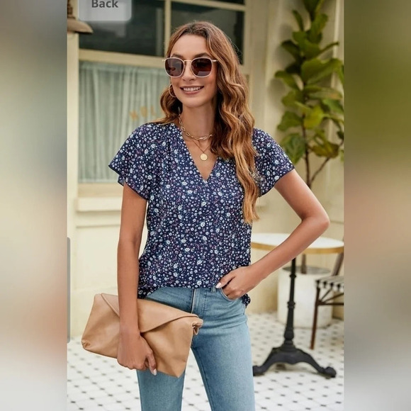 Boho Navy Floral V Neck Short Sleeve Medium Blouse - Picture 6 of 11